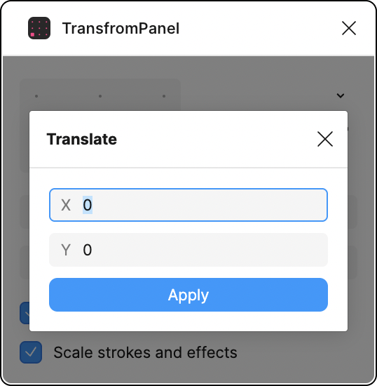 Figma用プラグイン TransformPanel Translateダイアログ見本画像