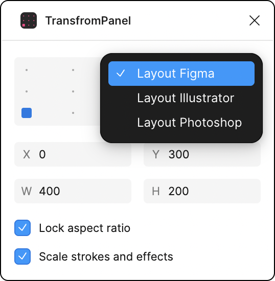 Figma用プラグイン TransformPanel レイアウト指定メニュー見本画像