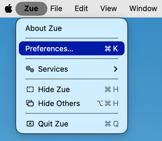 Zueアプリ 環境設定メニュー 画像