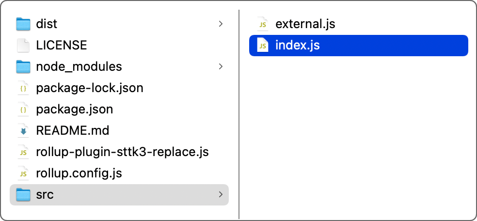 Rollup＋Babelのフォルダ・設定ファイル構成 スクリーンショット画像